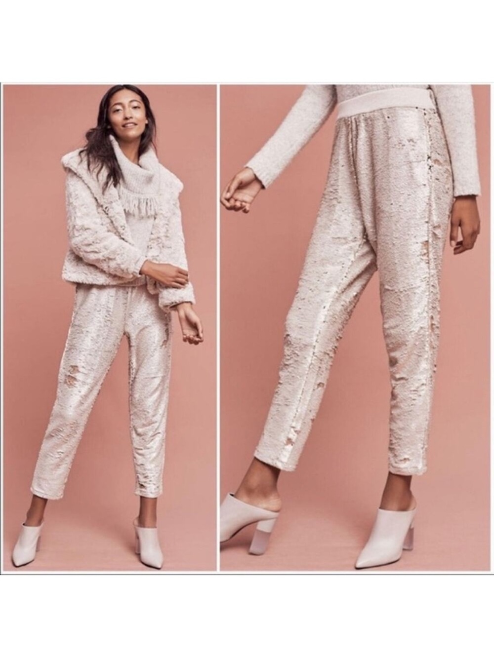 Anthropologie NEW Hei Hei Sequin Shift Joggers Pants Size Small In Cream Gold